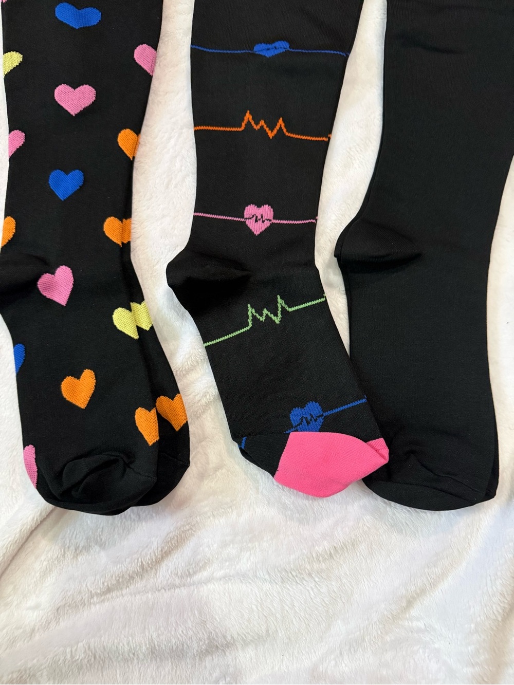 Black Compression Socks with Multicolor Hearts & EKG Stripe - Pack of 3 - Picture 4 of 6